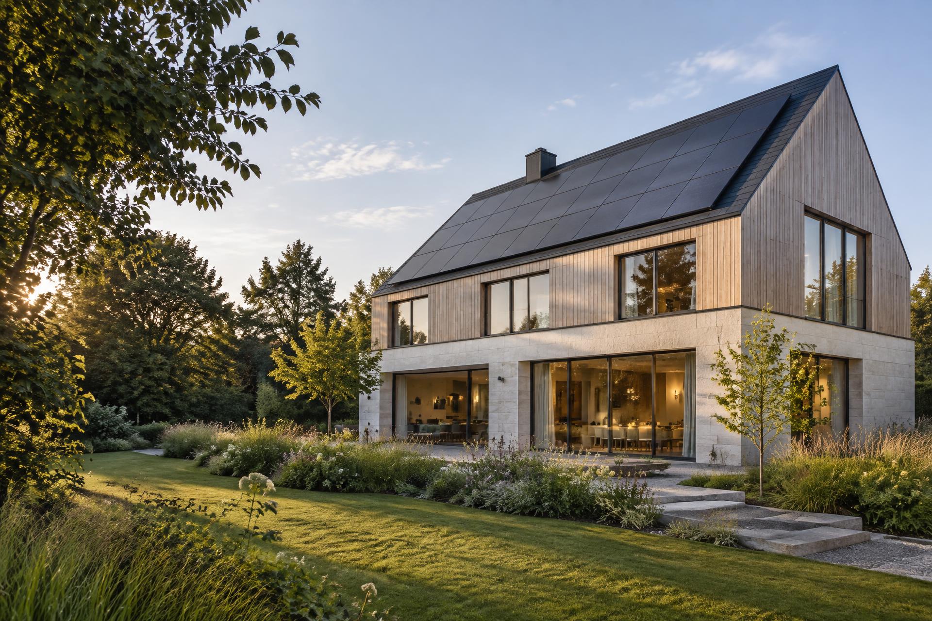 Modernes Einfamilienhaus mit Photovoltaik auf dem Dach